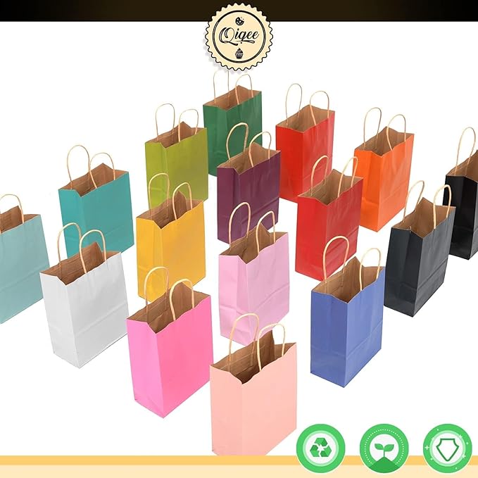 qiqee 60 pcs Kraft Bags with Handles 7.6"x4.75"x10.5" Medium Gift Paper Bag 16 Different Solid Color Bags