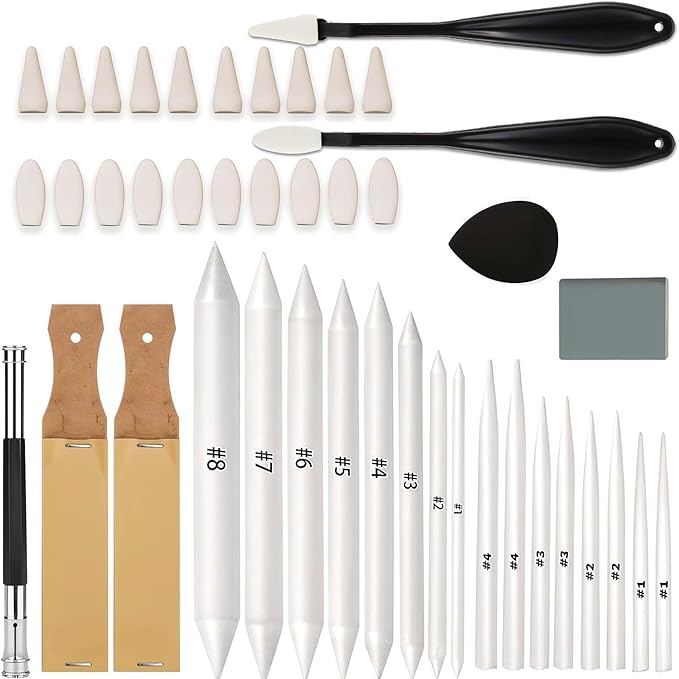 43 Pcs Blending Stumps for Drawing Tortillions Blending Sticks Paper Art Blenders Sketch Drawing Tools with Wipe Scrapers Rub Sponge Kneaded Eraser for Charcoal Sketching Shading
