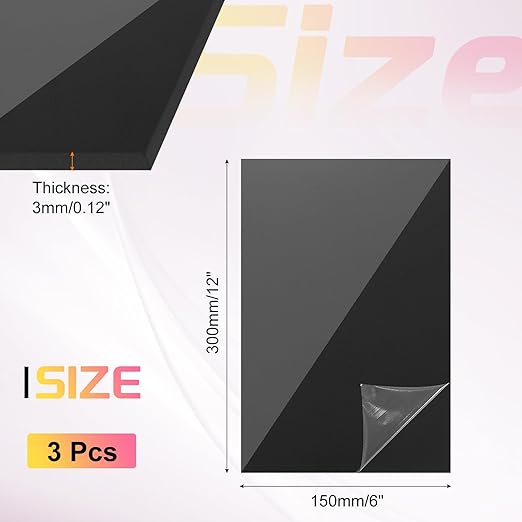 uxcell 3Pcs Acrylic Sheets 12x6 Inch Acrylic Panel 1/8 Inch-3mm Plastic Board for Picture Frames Sign Holders DIY Display Projects Craft, Clear Black