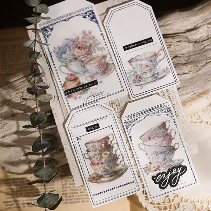 Vintage Vellum Stickers Floral Plants Elements Scrapbooking Supplies Flowers Botanic Natural Translucent Paper Self-Adhesive Junk-Journal Items (Tea Cup)
