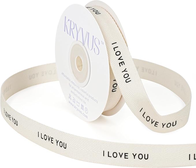I Love You Ribbon - 5/8 Inch x 12 Yards Natural Twill Tape Ribbon, Cotton Herringbone Ribbons for Gift Wrapping, Birthdays, Weddings, Christmas, Anniversaries, Valentine's Day, Mother's Day