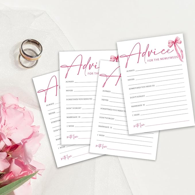 Wedding Shower Games Cards, Advice for The Newlyweds, Bridal Shower Games 25 Guests, Engagement Party Wedding Games for Guests, Pink Ribbon Bow Wedding Party Supplies - E01