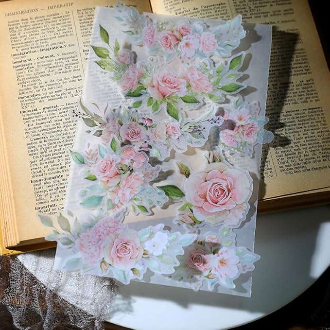 Vintage Vellum Stickers Floral Plants Elements Scrapbooking Supplies Flowers Botanic Natural Translucent Paper Self-Adhesive Junk-Journal Items (Rose)