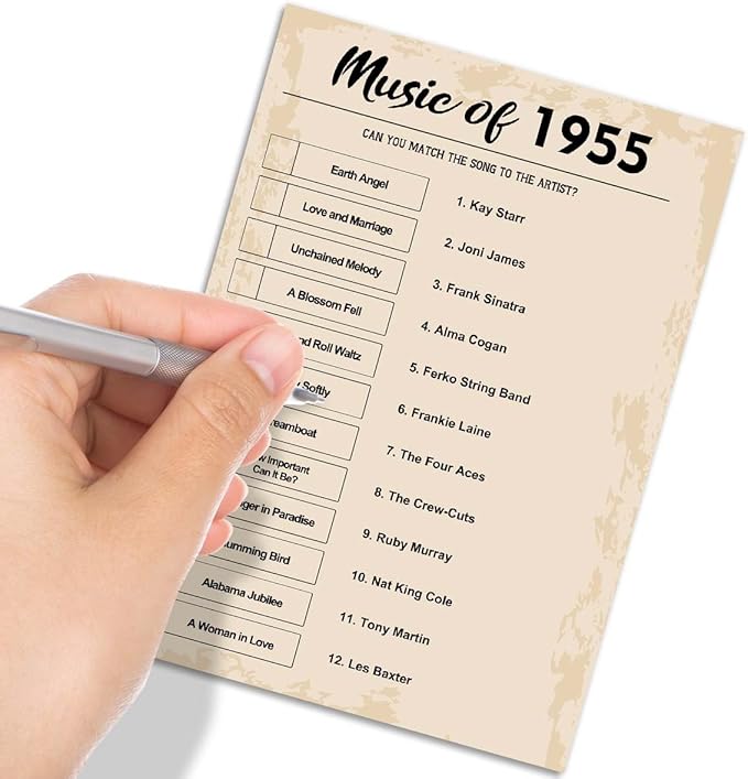 QUPT 70th Birthday Party Games, Music of 1955 Games, Birthday Party Supplies for Adults, Fun 1955s Party Game, Pack of 30 Cards