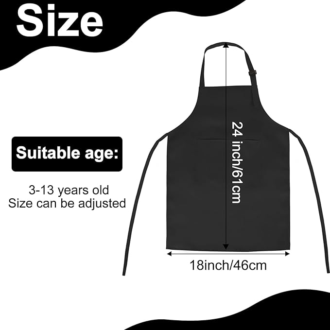 6 Pack Kids Apron bulk with 2 Pockets Adjustable Chef Art Apron Kids Painting Aprons for Cooking Baking Painting Crafting Grilling Activity（Black）