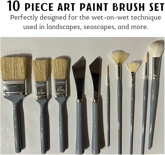10 Piece Landscape Brush Set, for Wet on Wet Painting: 2 Inch, 1 Inch, 1 Inch Oval, 4 & 6 Fan, Filbert, 2 Palette Knives, Liner, Mop Blender - Adam Lashley