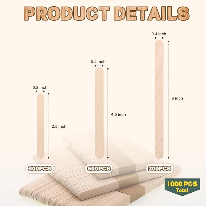 1000PCS Wooden Sticks for Craft, 3 Sizes (2.5",4.5",6") Natural Wood Popsicle Sticks for Ice Pops Waxing Hair Removal and Wax Supplies Classroom Art DIY Paint Craft Project Tongue Depressors