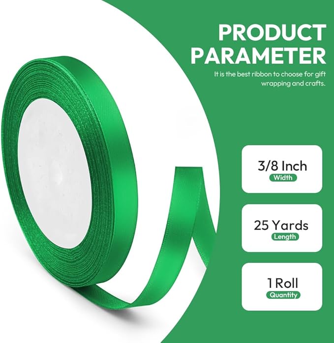 3/8" x 25 Yards Satin Ribbon, Green Silk Ribbon Ideal for Gift Wrapping, Floral Bouquets, Crafts, Wedding Party Decorations, Christmas and Sewing Projects
