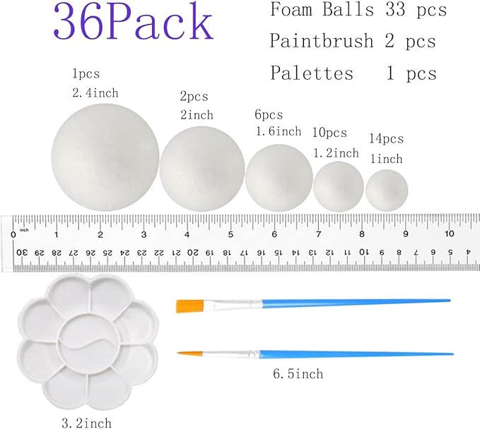 FFchuanhe 36Pack Craft Foam Balls Assorted Sizes (1-2.4 in), Foam Balls for Arts and Crafts, Christmas, School Craft Project and Holiday Party