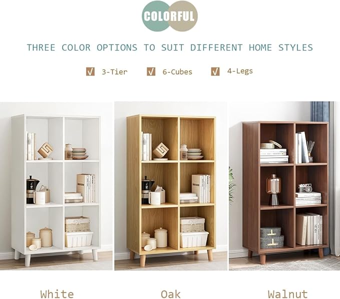 IOTXY Open Cube Low Bookcase - 3-Tier Freestanding Storage Display Cabinet Organizer with Legs for Home Office, 6-Cubes Open Shelf Short Bookshelf, White
