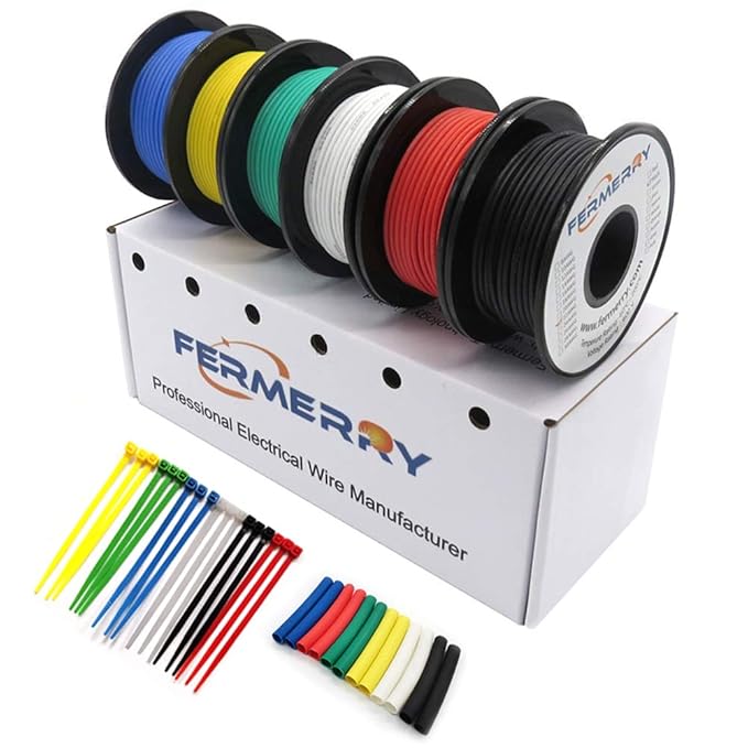 Fermerry 18 AWG Stranded Wire Spool 25ft Each 6 Colors Flexible 18 Gauge Silicone Hook up Wire Kit Electrical Tinned Copper Wire