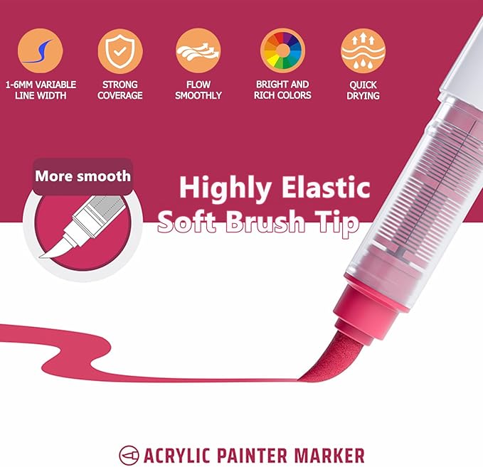 Water Based Acrylic Paint Markers, 9 Colors Acrylic Paint Pens Set with Soft Brush Tip, Marker Pen for Rock Painting, Egg, Wood, Glass, Paper, Acrylic Painter Ink (Lip Gloss Red Series)
