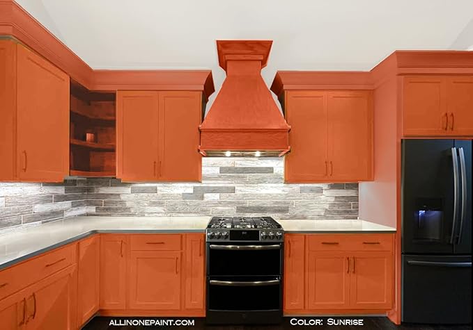 ALL-IN-ONE Paint, Durable cabinet and furniture paint. Built in primer and top coat, no sanding needed. Includes our 30 featured color card - Sunrise (orange-coral), 8oz Sample