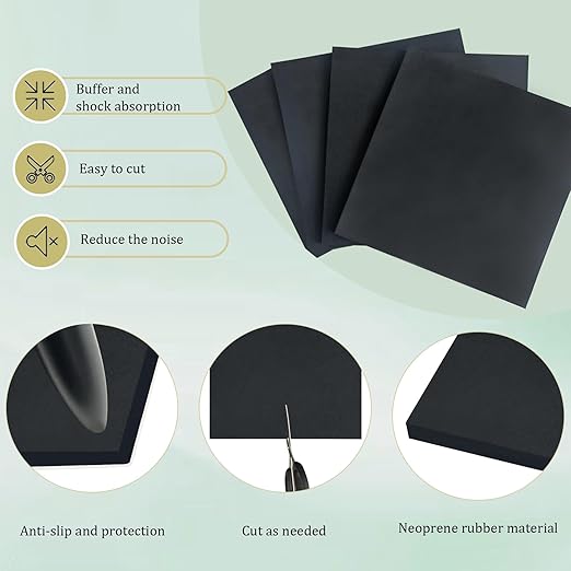 4 Pieces Neoprene Rubber Pads with Adhesive Backing 1/4 in Thick x 6 in x 6 in, Anti Vibration Pads, Rubber Block for Anti-Slip, Shock Absorption, Protection