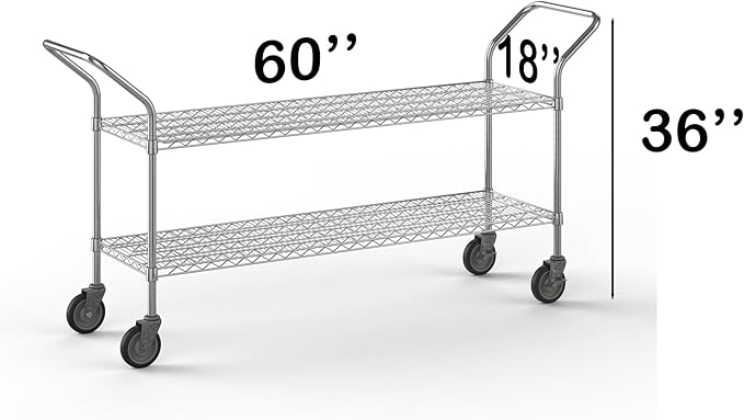 18" W x 60" L x 36" H Chrome Heavy Duty Utility Cart | 2-Tier | NSF Commercial Storage Rack Mobile Unit | Storage and Mobility Solution for Your Business
