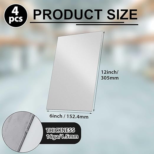 4 Pcs 16 Gauge 12 x 6 Inch Metal Steel Sheet Steel Plate Mild Carbon Cold Rolled Square Weldable Metal Panels for Outside Industrial DIY Use Projects Weld Accessories
