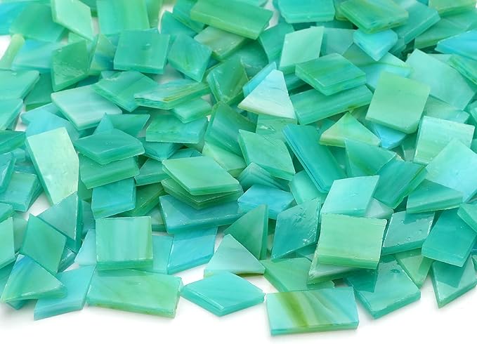 Lanyani 200 Pieces Glass Mosaic Tiles for Crafts,4 Shapes Mixed Colorful Tiffany Stained Glass Pieces,Square/Rectangle/Diamond/Triangle,Ocean Green