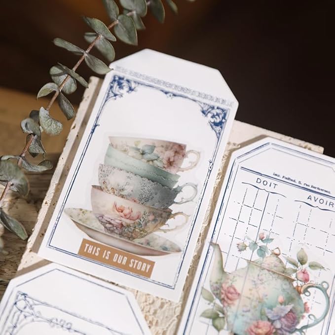 Vintage Vellum Stickers Floral Plants Elements Scrapbooking Supplies Flowers Botanic Natural Translucent Paper Self-Adhesive Junk-Journal Items (Tea Cup)