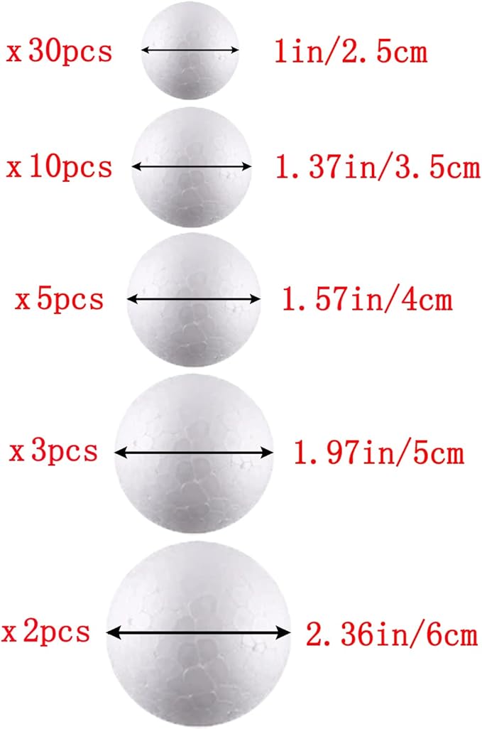 hesmartly 50 Pack Craft Foam Balls,White Polystyrene Smooth Round Balls, 5 Sizes Foam Balls and 2 Pieces Painting Brushes for DIY Projects Arts and Crafts Supplies