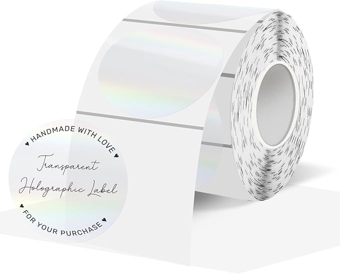 1.5" Round Transparent Thermal Label Stickers, Holographic Clear Direct Thermal Labels-Perforation Line Design& Waterproof- 300 Sheets