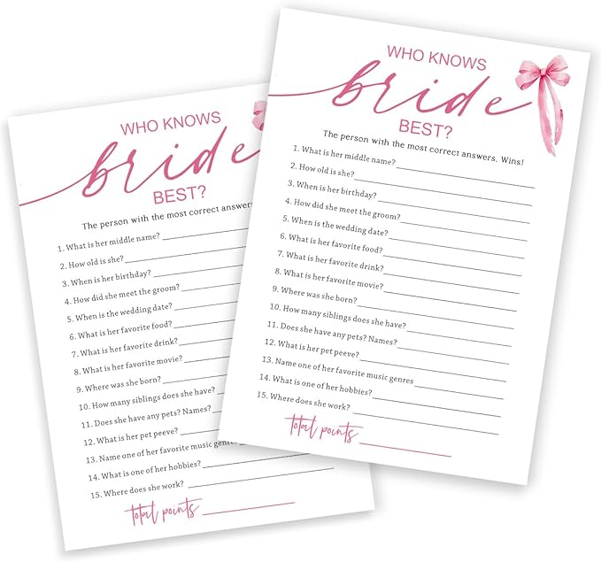 Wedding Shower Games Cards, Who Knows The Bride Best, Bridal Shower Games 25 Guests, Engagement Party Wedding Games for Guests, Pink Ribbon Bow Wedding Party Supplies - E03