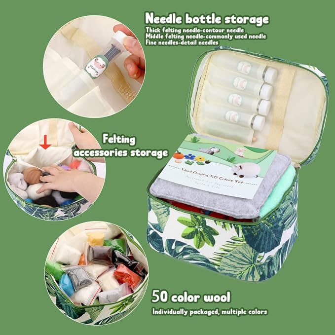 IMZAY Needle Felting Kit, Wool Roving 50 Colors Set with Exquisite Green Storage Bag, Needle Felting Starter Kit, Needle Felting Tools Kit, Wool Felt Tools for Felted Animal Needle Felting Supplies