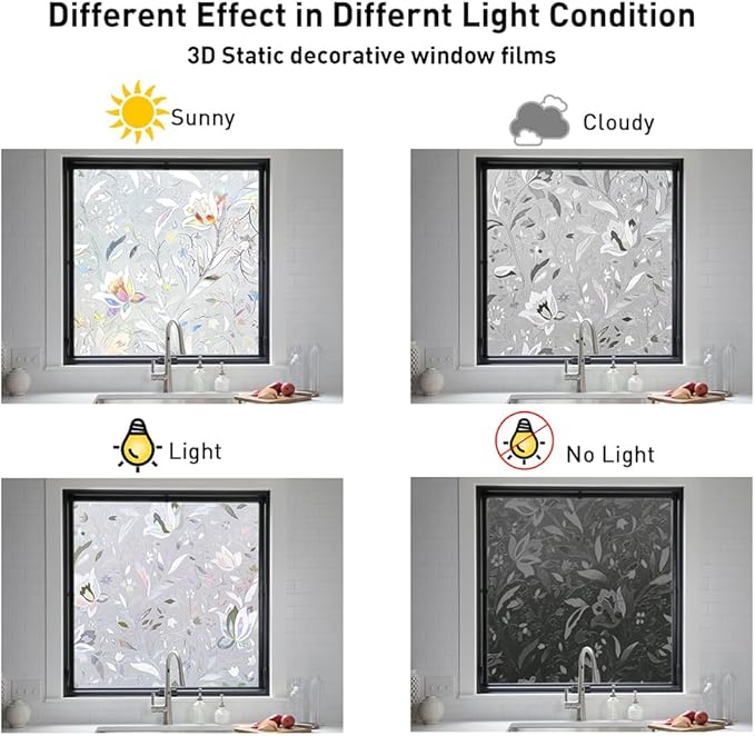 NINETREX Window Privacy Film,3D Stained Glass Window Film,Decorative Window Covering Sun Blocking Vinyl Static Cling Anti-UV Heat Control for Home Decor,Tulip 29.5 x 78.7inch