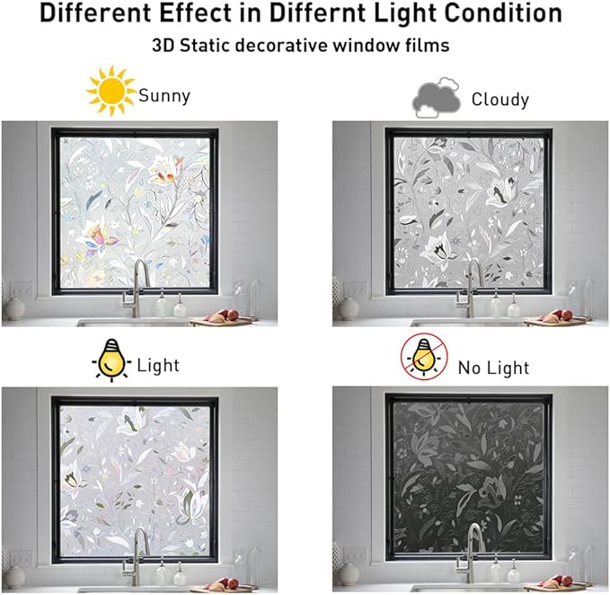NINETREX Window Privacy Film,3D Stained Glass Window Film,Decorative Window Covering Sun Blocking Vinyl Static Cling Anti-UV Heat Control for Home Decor,Tulip 35.4 x 78.7inch