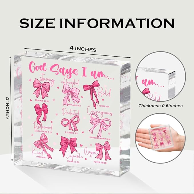 Positive Affirmation Bible Verse Desk Decor Acrylic Sign 4X4 Inch, Preppy Coquette Pink Bow Desk Decorative Signs for Shelf Tabletop Cubicle Room Office, Christian Gifts for Women Men Friends