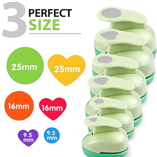 UCEC Circle Hole Punch, Paper Punches for Crafting, 3/8+5/8+1 Inch Circle Punches, Heart Hole Punch, Shape Puncher Cutter for Paper Crafts Scrapbooking, 6Pcs