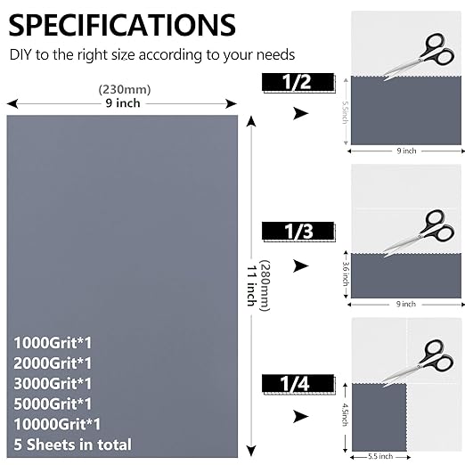 Fine Sandpaper Assortment, 9 x 11 Inch Wet Dry Sand Paper, 1000/2000/3000/5000/10000 Grit Hand Sanding Sheets for Wood Metal Automotive Sanding and Polishing - 5 Sheets