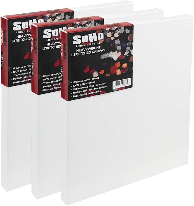 SoHo Urban Artist, 5x7 Heavyweight Stretched Cotton Canvas for Painting - 1.5" Deep- 3 Pack, Triple Primed, 100% Cotton Canvas, Archival, Universal Primed for Oil, Acrylic, Alkyd, Mixed Media