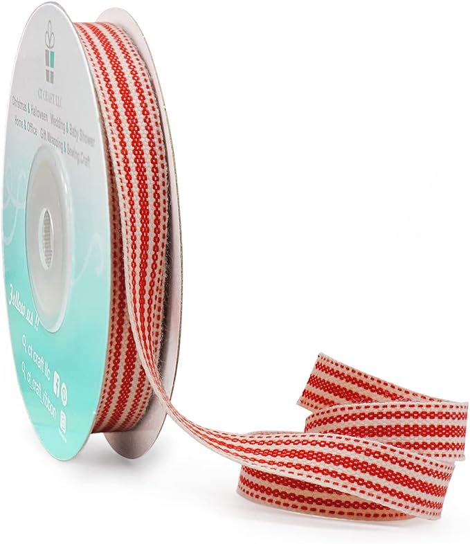 CT CRAFT LLC Ivory Cotton Red Stripes Ribbon 3/8" x 10 Yards for Home Décor Gift Present Wrapping DIY Crafts Birthday Wedding Bouquet Christmas