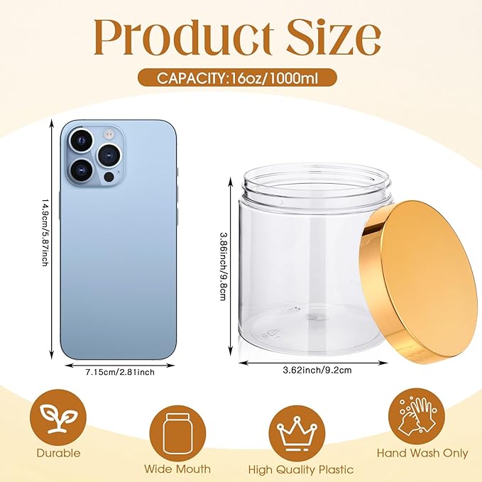 SATINIOR 24 Pieces Empty Clear Plastic Jars with Lids Round Storage Containers Wide Mouth for Beauty Product Cosmetic Cream Lotion Liquid Butter Craft and Food(Gold Lid,16 oz)