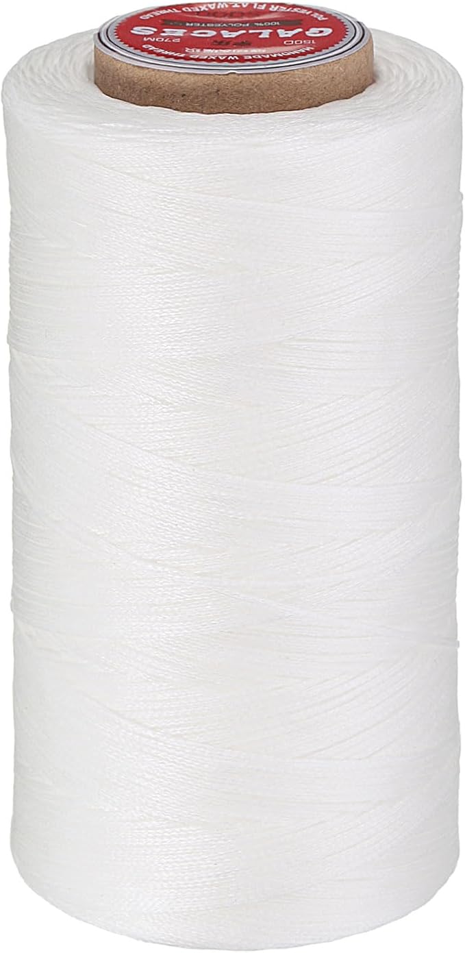 uxcell Flat Leather Sewing Waxed Thread, 270m / 295 Yards Polyester Wax String, 150D Wax Stitching Cord for Leather Crafts, Bookbinding, Bracelets Braided, White