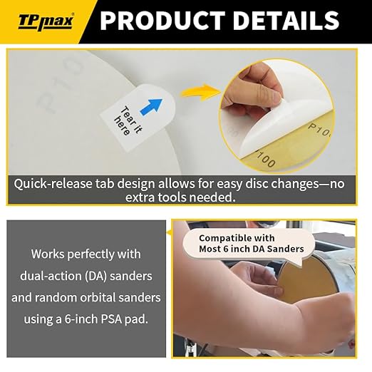 6-Inch 240-Grit Gold PSA Sanding Discs, 50 Pack – Pro-Grade Self-Adhesive Stickyback Sandpaper with Quick-Release Tabs for DA Sander, Very Fine Automotive/Wood/Metal Sanding