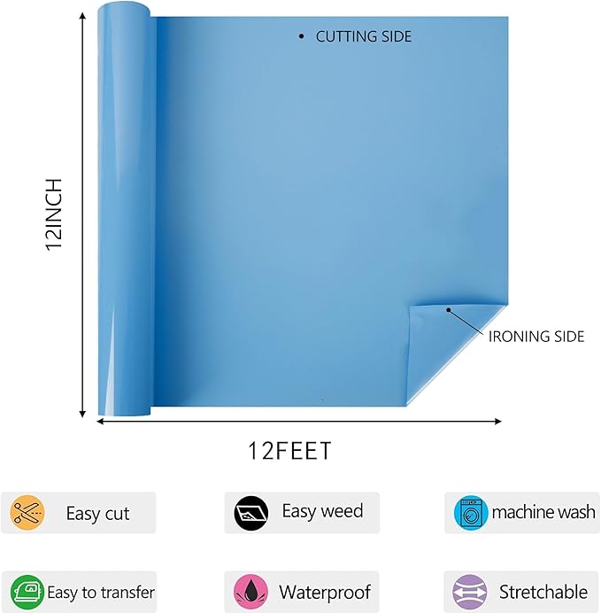 HTV Iron on Vinyl 12Inch by 12ft Roll Heat Transfer Vinyl for T-Shirt HTV Vinyl Rolls for All Cutter Machine - Easy to Cut & Weed for Heat Transfer Design (12ft, Sky Blue)