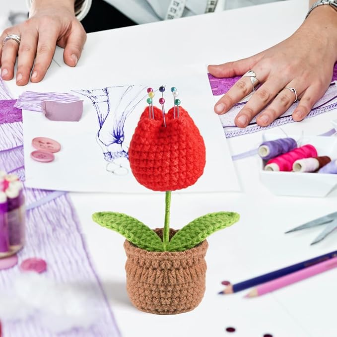 Tulip Pin Cushion, Handmade Knitted Pincushions, Cute Pin Cushions Needle Holders for Sewing Quilting Accessory, DIY Crafts or Patchwork Decor.Flowerpot Design Red Tulip