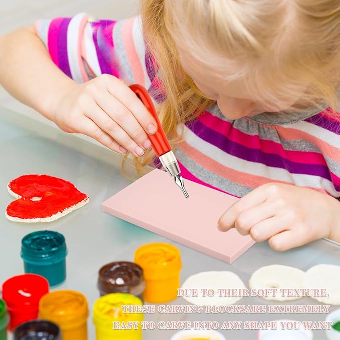 12 Pack Linoleum Blocks for Printmaking with Cutter Tools, Pink Rubber Carving Blocks Linoleum Block Stamp Making Kit for DIY Printmaking, Printing and More Crafts
