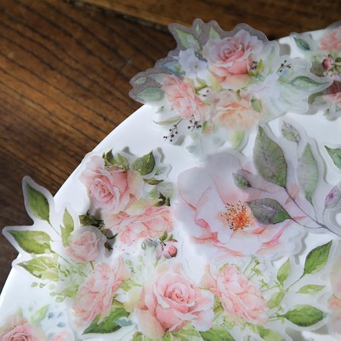 Vintage Vellum Stickers Floral Plants Elements Scrapbooking Supplies Flowers Botanic Natural Translucent Paper Self-Adhesive Junk-Journal Items (Rose)