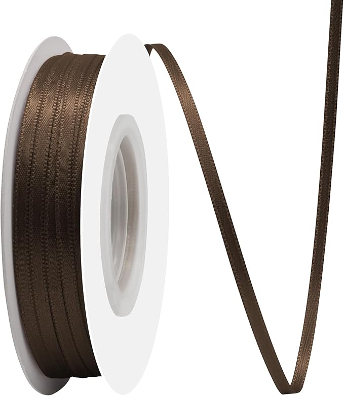 Brown Satin Ribbon 1/8" X 50 Yards Solid Color Double Faced Ribbons Perfect for Crafts Wedding Decor Bow Making Arts Sewing and More