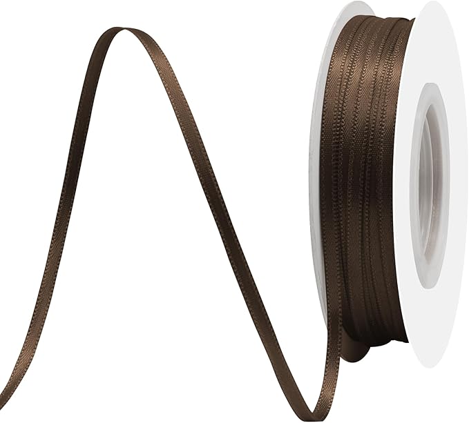 Brown Satin Ribbon 1/8" X 50 Yards Solid Color Double Faced Ribbons Perfect for Crafts Wedding Decor Bow Making Arts Sewing and More
