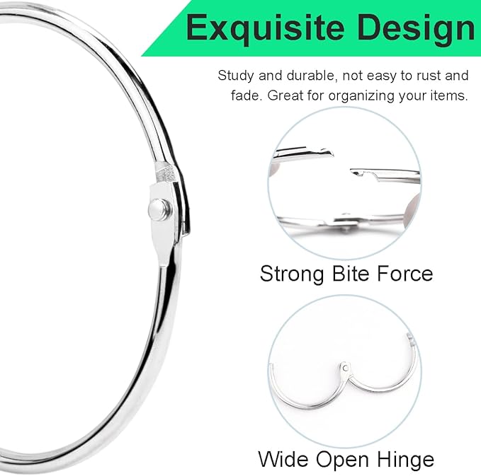 CooBigo 50 Pack Binder - 1-1/4-Inch Metal Ring Holder for Loose Leaf Paper, Index Card, Flash Card Organizer, Keychain - Silver