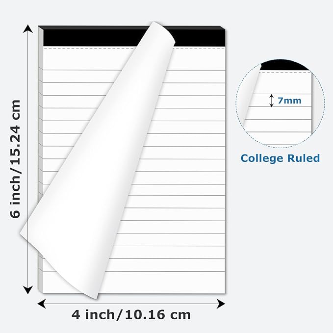 6 Pcs Perforated Note Pads College Ruled - 4" x 6" Inch Writing Notepad for Daily Planning - Perforated Small Notepads with 31 Sheets per Pad - Ruled Papers