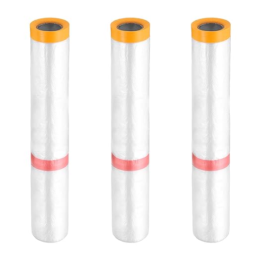 HARFINGTON 3 Rolls Pre-Taped Masking Film 177.2" x32.8ft Double Adhesive Tape and Drape Painters Plastic Drop Cloth Film with Tape Plastic Sheeting for Automotive Painting Covering