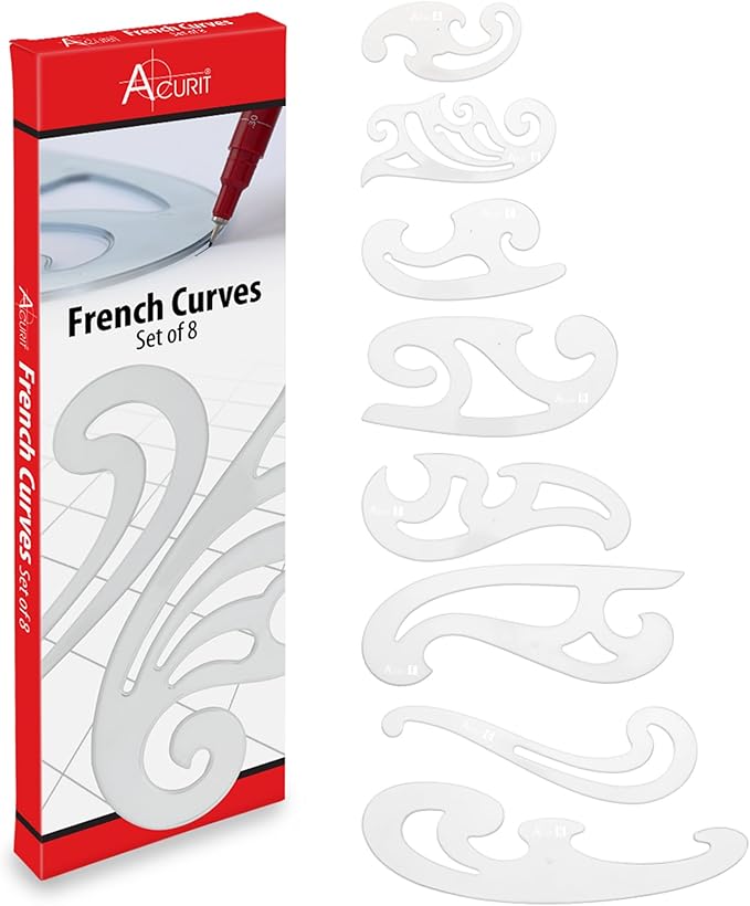 Acurit French Curve Set of 8 – Clear Plastic Drawing Templates for Sewing, Pattern Making, Drafting, Fashion Design, Architecture, Graphic Illustration – Smudge-Free Inking Edges