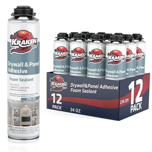 KRAKEN BOND Drywall & Panel Adhesive Foam - (12x24oz) Heavy-Duty, Fast-Curing Construction Adhesive for Concrete, Wood, and Heat Insulation Applications - 12 Pack