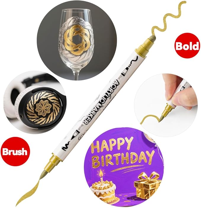 TRANSON 4 Silver and 4 Gold Paint Markers Brush and Bold Dual-tip Acrylic Paint Marker Set for Rock Painting Glass Canvas Wood Leather Ceramic Painting