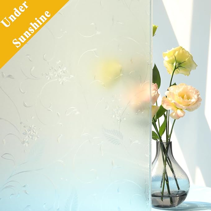 Mikomer Privacy Window Film Etched Flowers Static Cling Glass Door Film, Non Adhesive Heat Control Anti UV Window Cling for Office and Home Decoration,17.5 inches by 118 inches