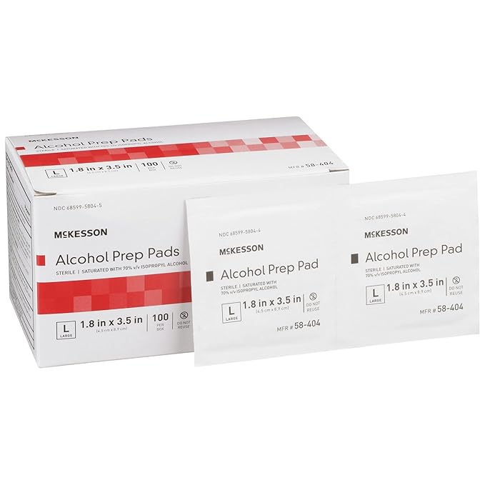 McKesson Alcohol Prep Pads [Pack of 1000] 70% Isopropyl, Individually Wrapped Wipes, Sterile, Medical-Grade, First Aid, Large, 100 Count, 10 Boxes